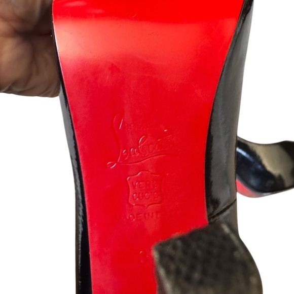 Christian Louboutin - Black Patent Peep-Toe Stiletto Heels Red Soles Sz 38 - Picture 10 of 12